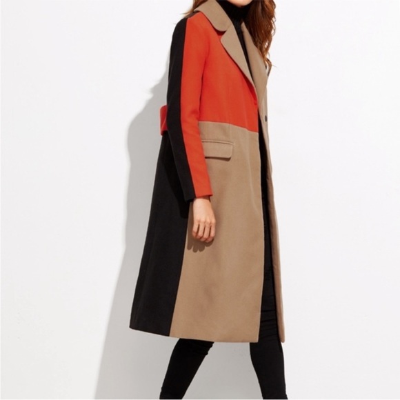 NWOT SHEIN Colorblock Orange Camel Black Trench Coat Jacket Size S - Picture 4 of 4